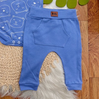 Conj. de Malha 3 peças - Bear Fofinho com Estrelinhas - Azul e Off White